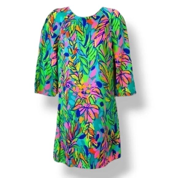 Lilly Pulitzer Carol Shift Dress in Multi Hot Spot Island 50+ UPF Satin Size 00 - Picture 3 of 10